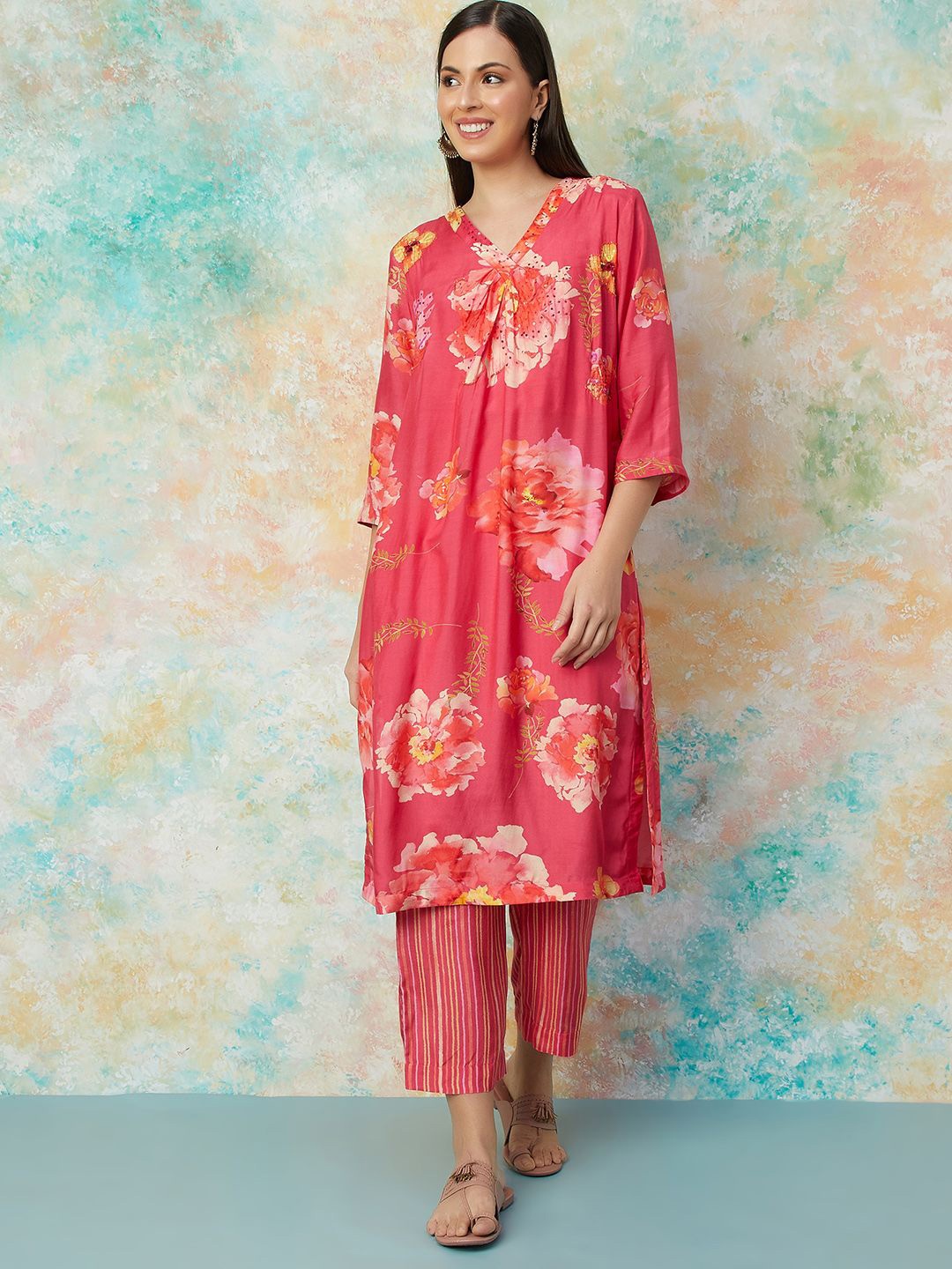 

Melange by Lifestyle V-Neck Floral Printed Sequinned Straight Kurta with Trouser, Pink