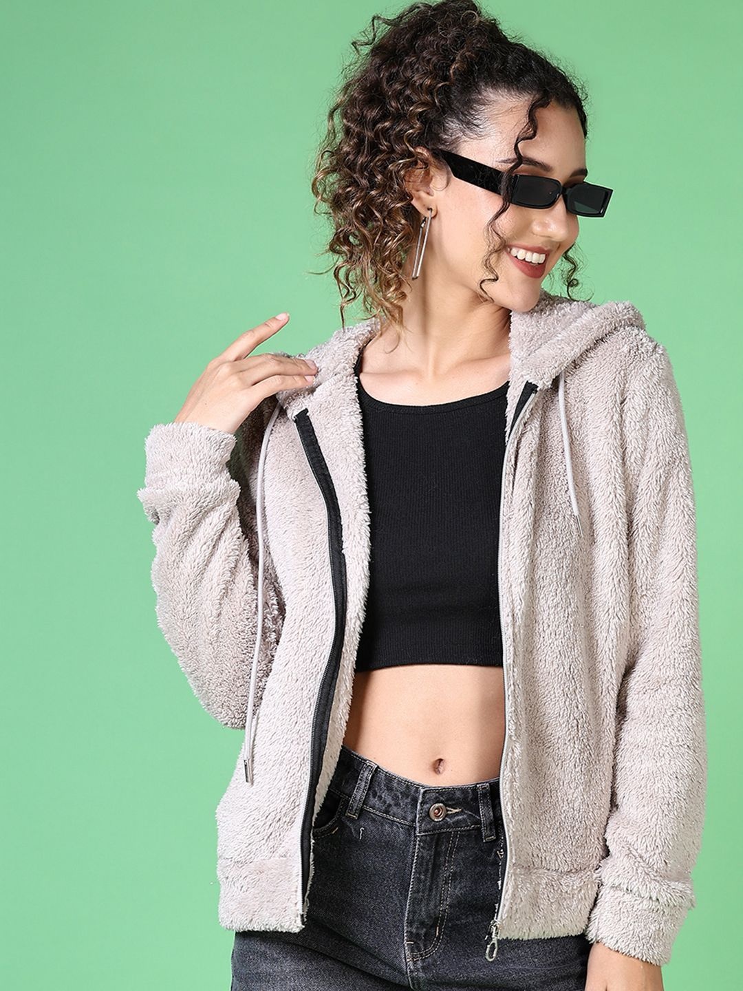 

V-Mart Women Fur Hooded Neck Sweatshirt, Grey