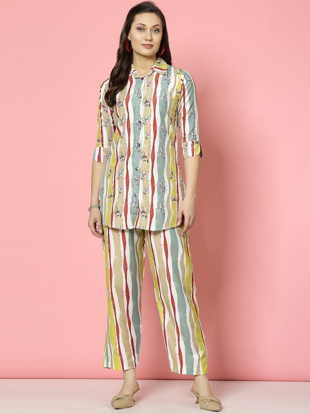 

Clora Creation Floral Printed Shirt With Trouser, Red