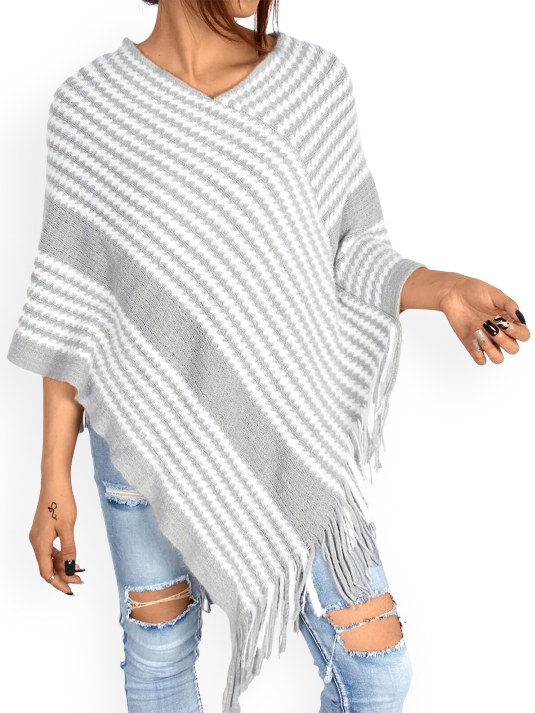 

Bold N Elegant Women Striped Poncho, Grey