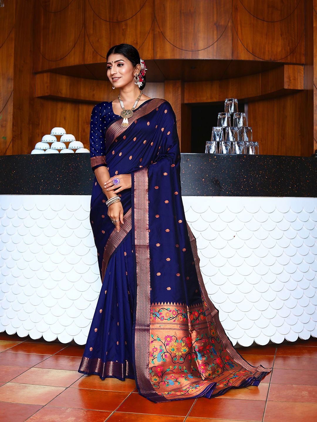

JUST FASHION Women Ethnic Motifs Zari Paithani Saree with Blouse Piece, Navy blue