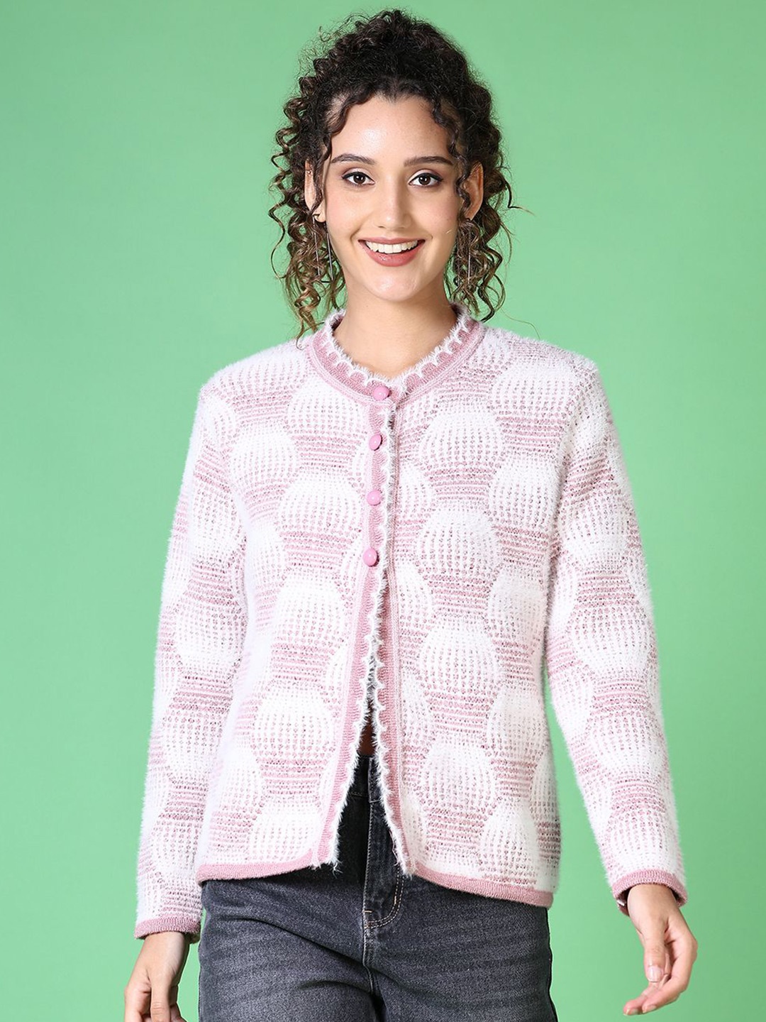 

V-Mart Women Self Design Cardigan Sweater, Pink