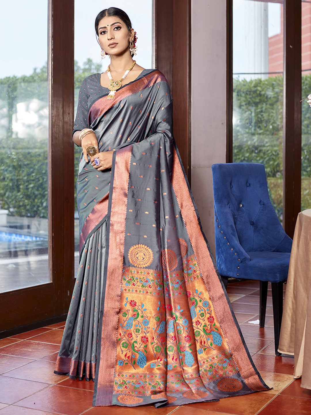 

JUST FASHION Woven Design Zari Paithani Saree, Grey