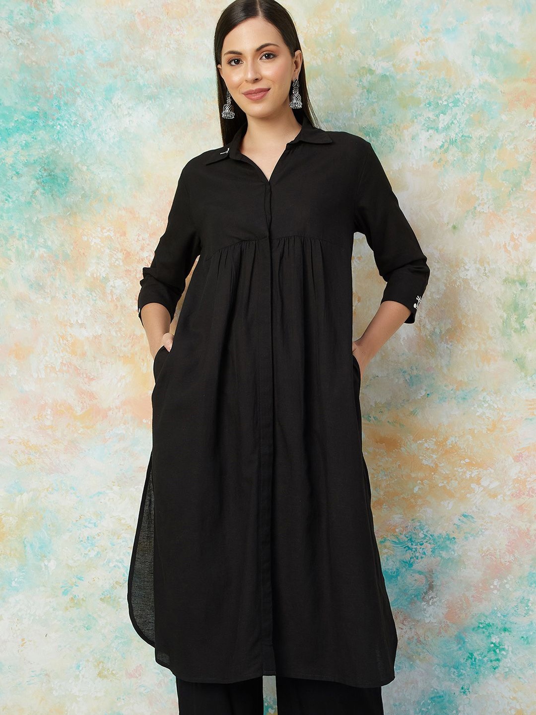 

Melange by Lifestyle Shirt Collar Three-Quarter Sleeves Thread Work A-Line Kurta, Black