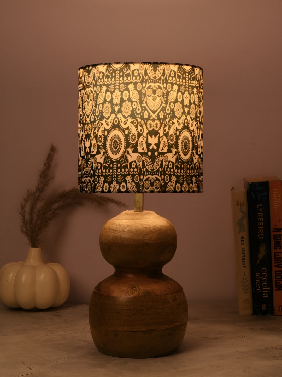 

green girgit Brown Printed Wood Cylindrical Shaped Table Lamp