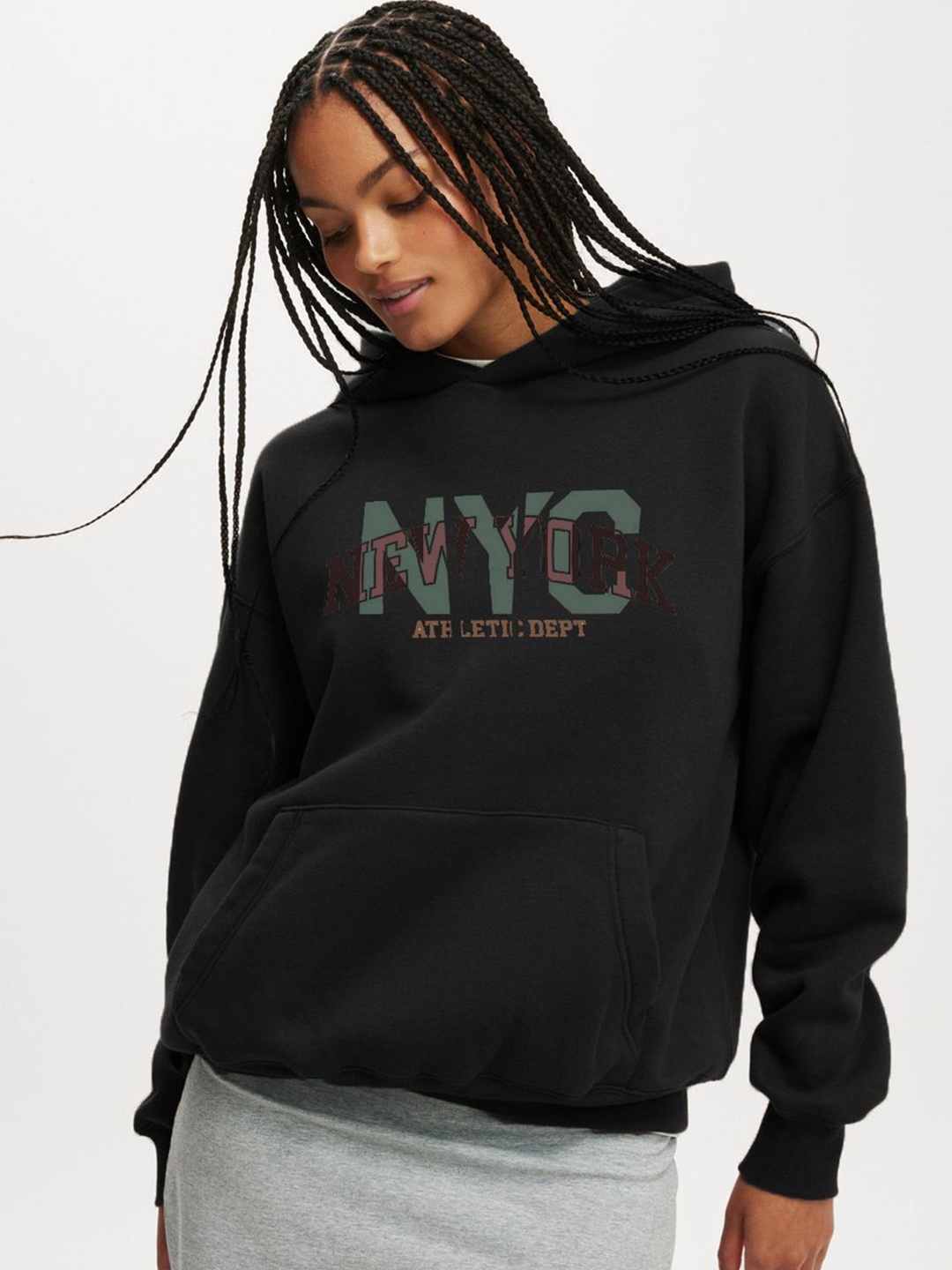 

Genzy Women Typography Printed Long Sleeves Hooded Sweatshirt, Black
