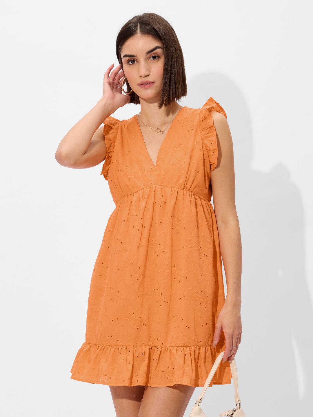 

The Souled Store V-Neck Cotton Self Design Dress, Orange