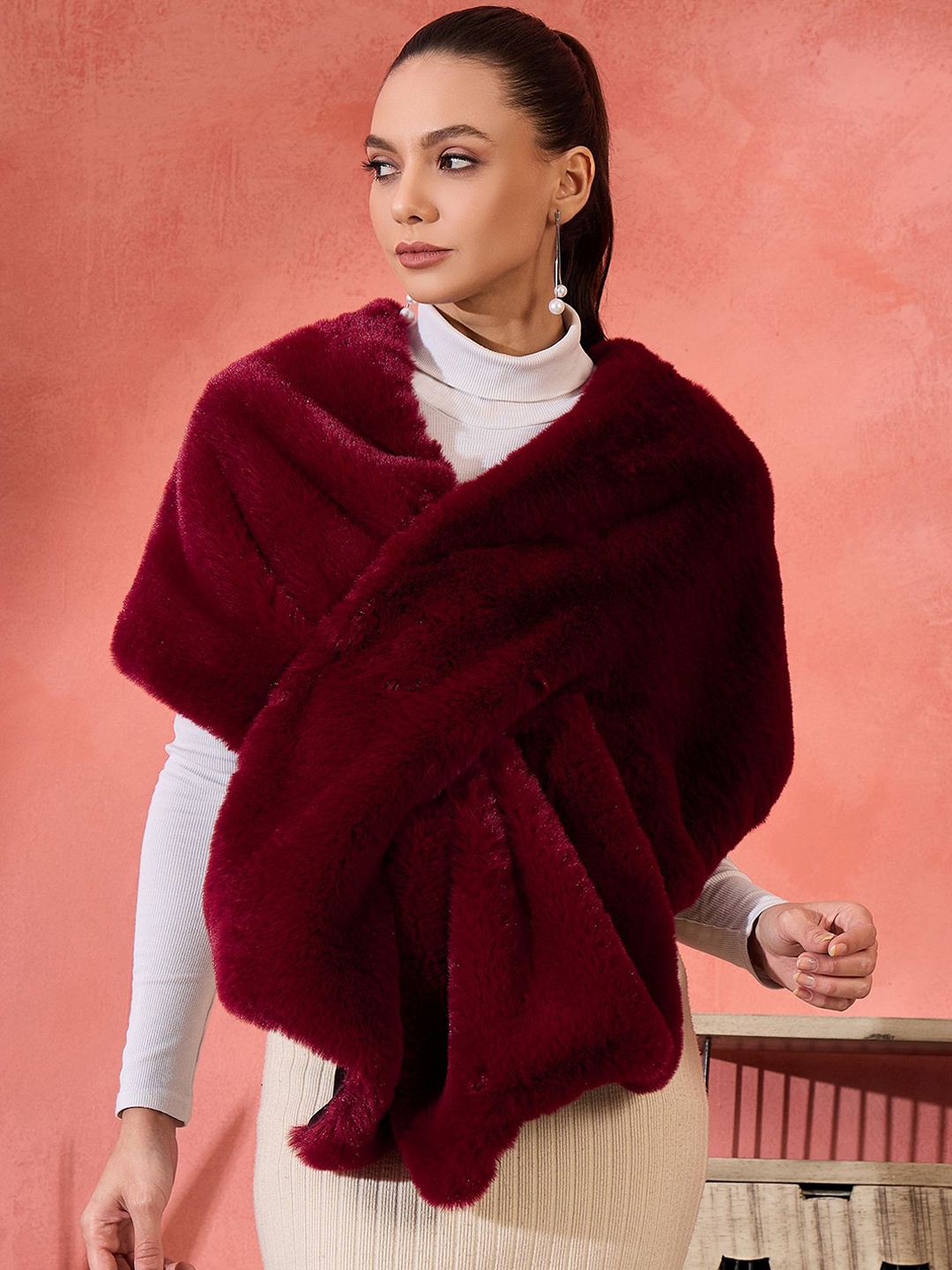 

InWeave Self Design Acrylic Winter Fur Shawl, Burgundy