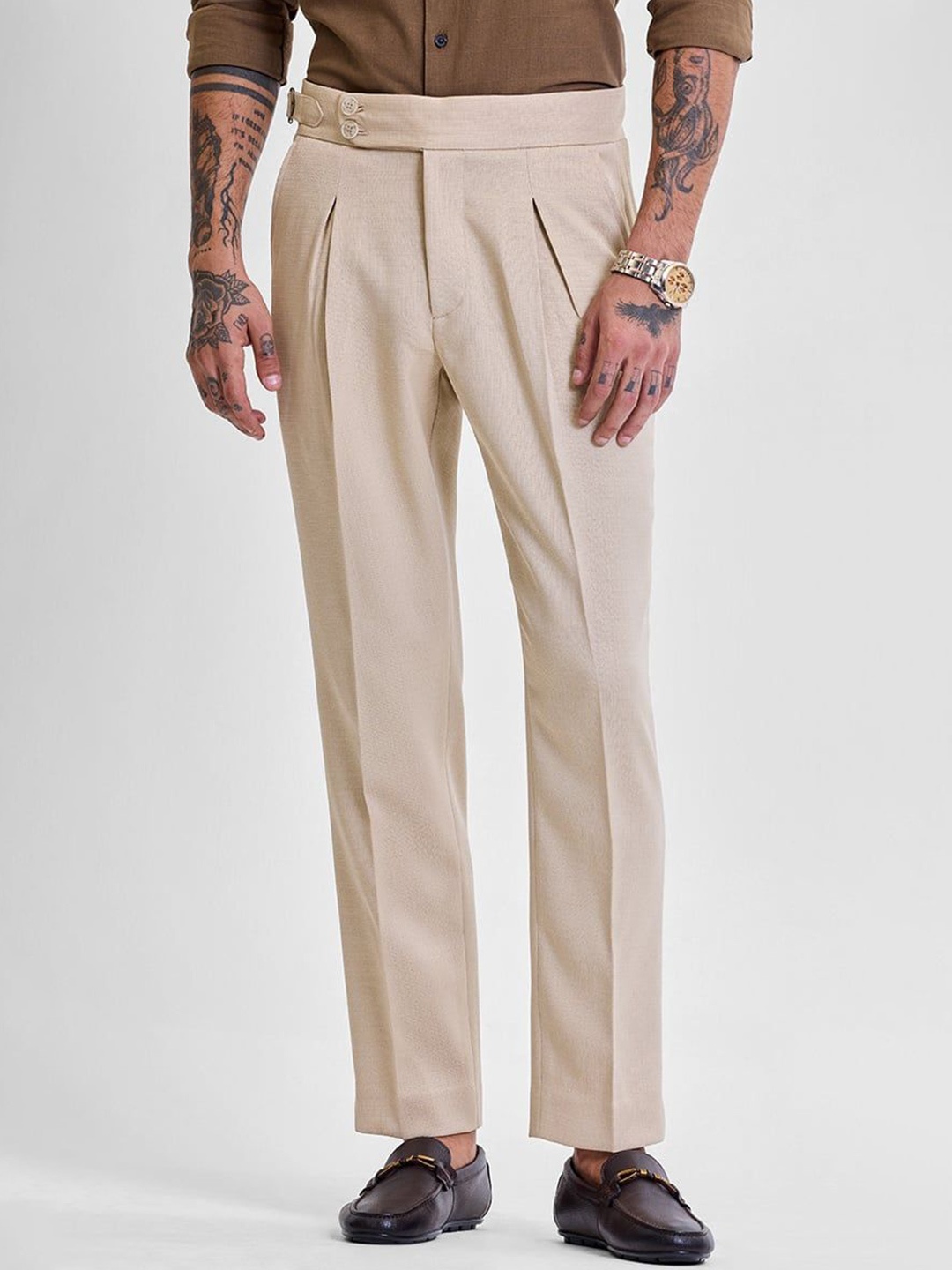 

Snitch Men Smart Slim Fit Mid-Rise Formal Trousers, Beige