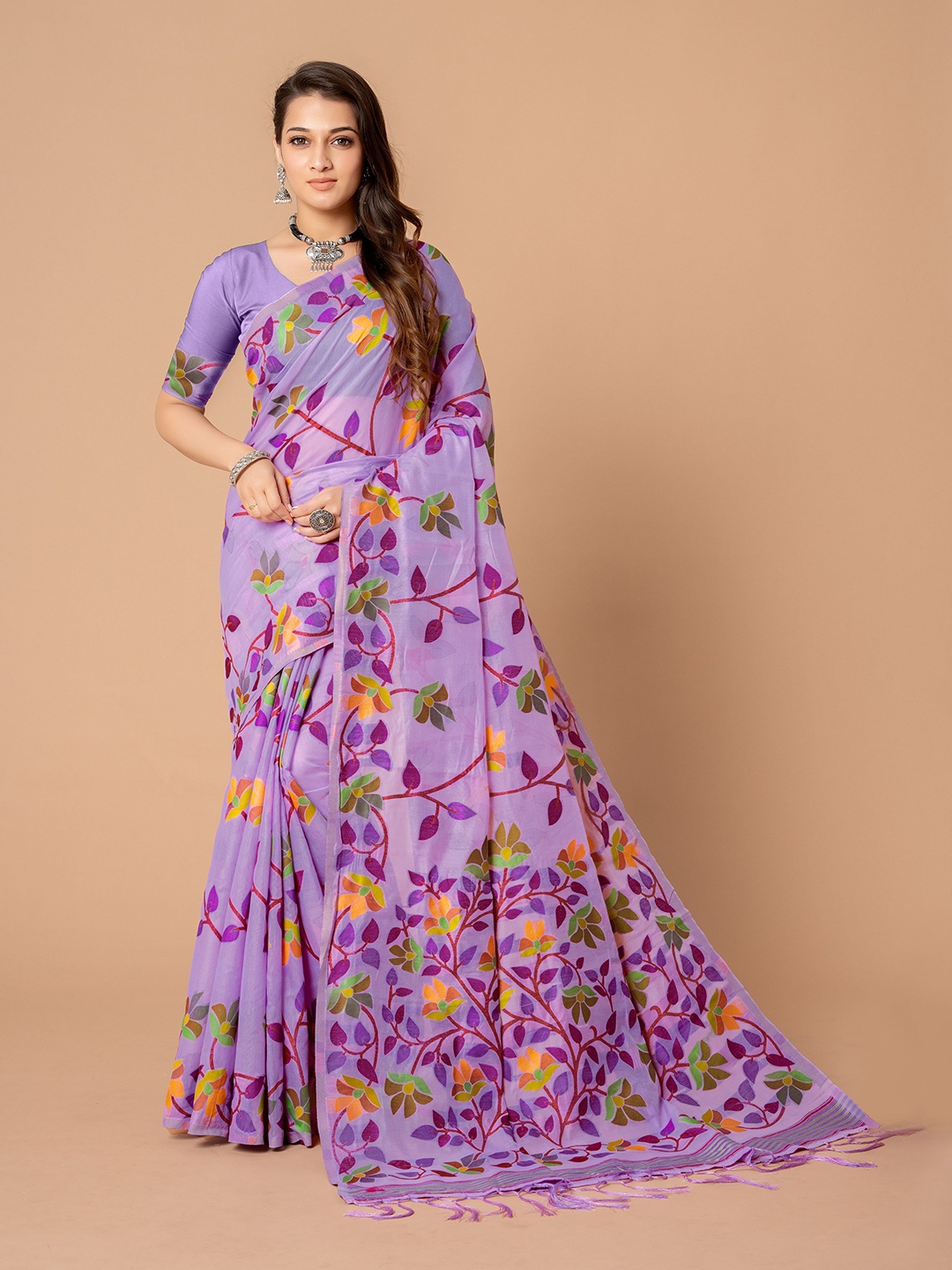 

HEER FASHION Women Floral Pure Cotton Jamdani Saree With Blouse Piece, Lavender