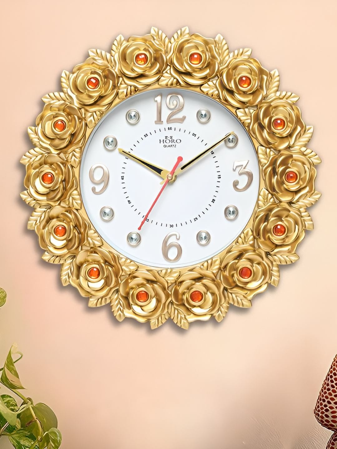 

Horo Gold-Toned & Red Floral Printed Contemporary Analogue Wall Clock