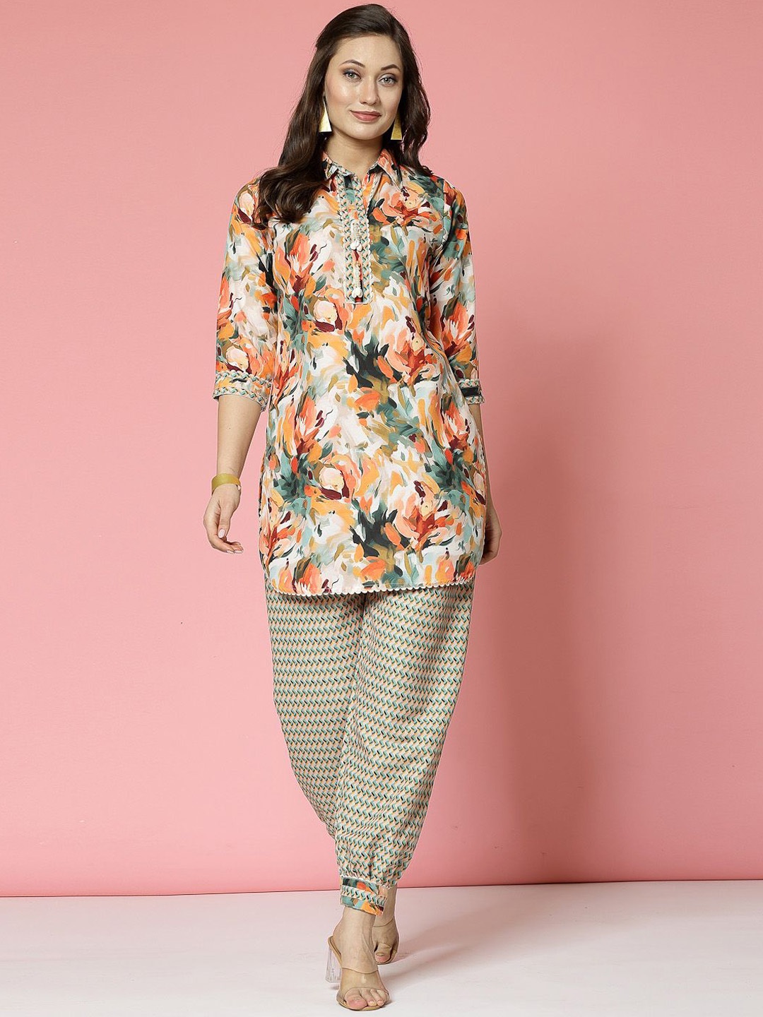 

Clora Creation Floral Printed Shirt Collar Tunic With Dhoti Pant, Orange