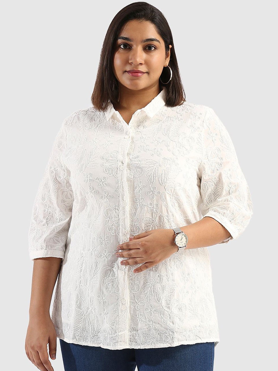 

Presence Women Straight Floral Opaque Casual Shirt, White