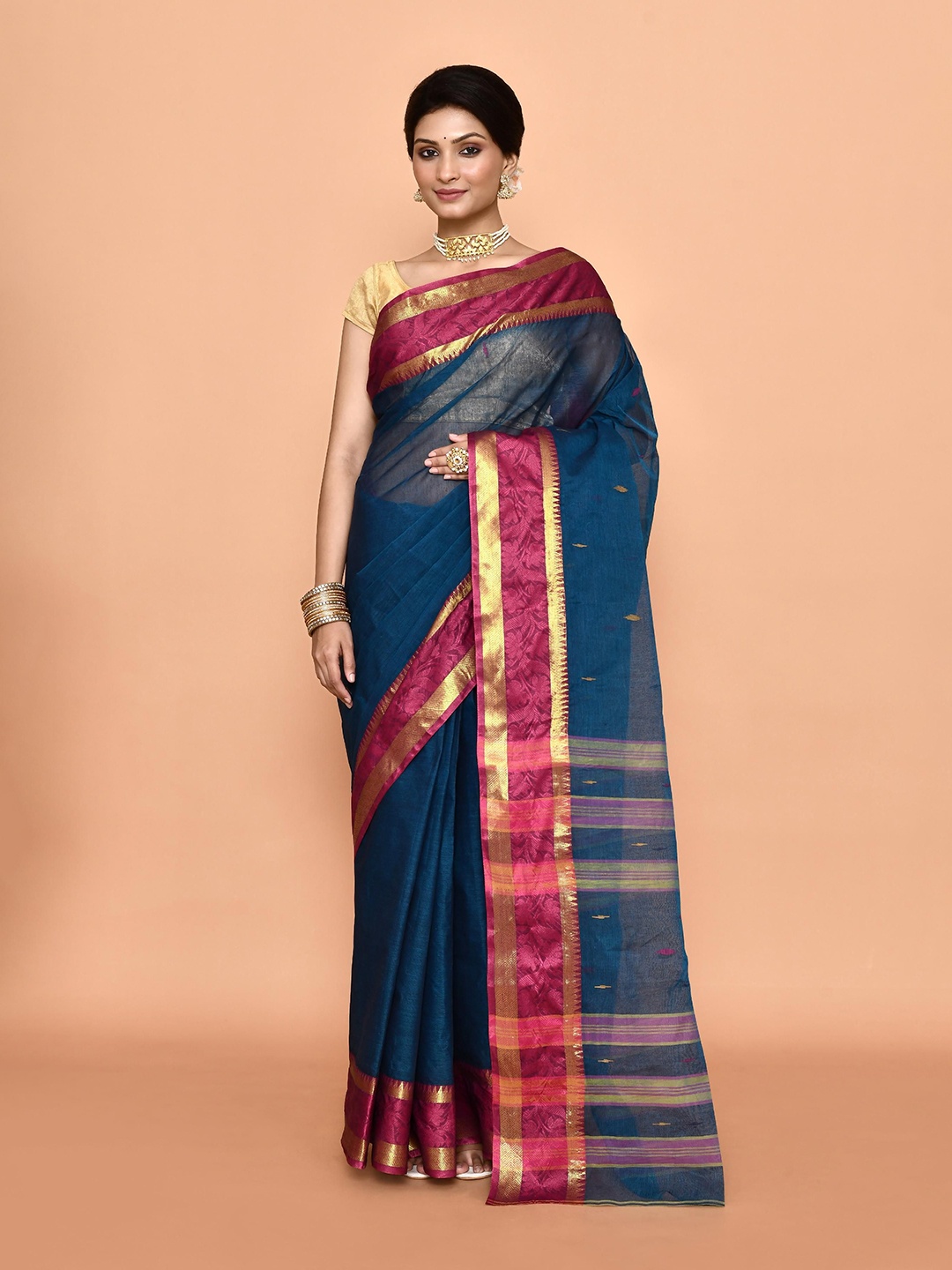 

PUKU Woven Design Zari Pure Cotton Taant Saree, Navy blue