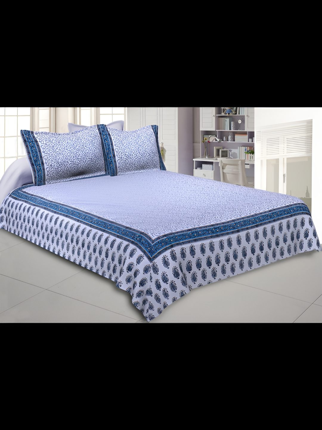 

BED-SHEET.COM Blue & Navy Blue Ethnic Motifs King Bedsheet with 2 Pillow Covers