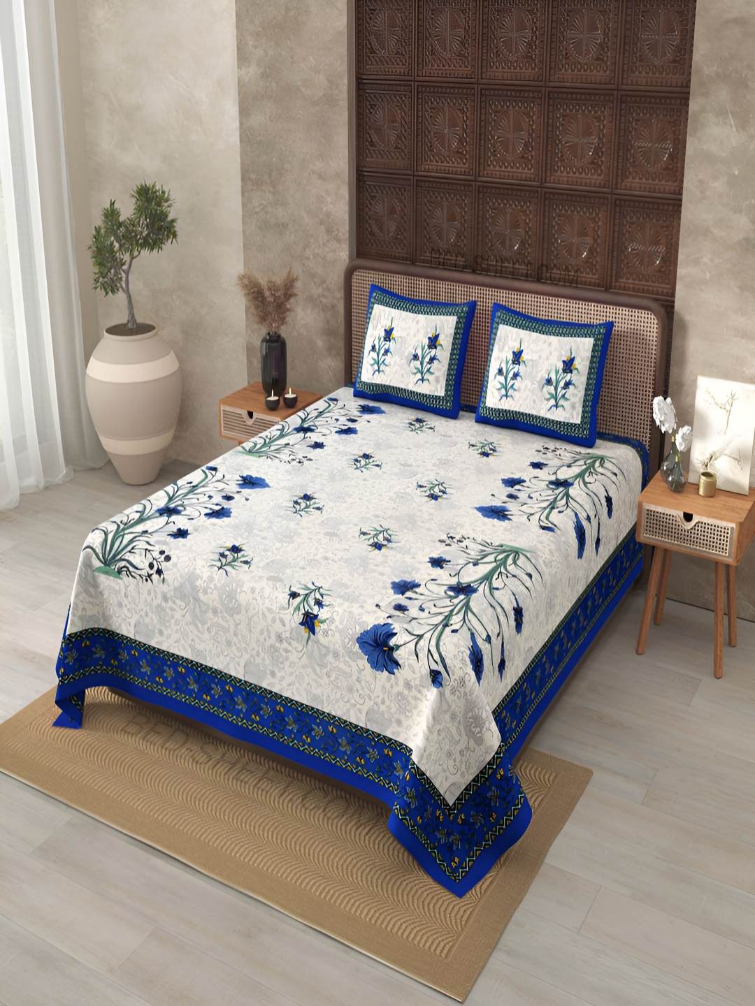 

BED-SHEET.COM Blue & White 180 TC King Bedsheet with 2 Pillow Covers