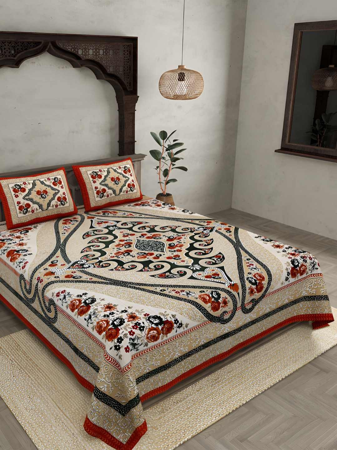 

BED-SHEET.COM Beige Floral Printed Cotton 240 TC King Bedsheet Set 2.74 m x 2.54 m