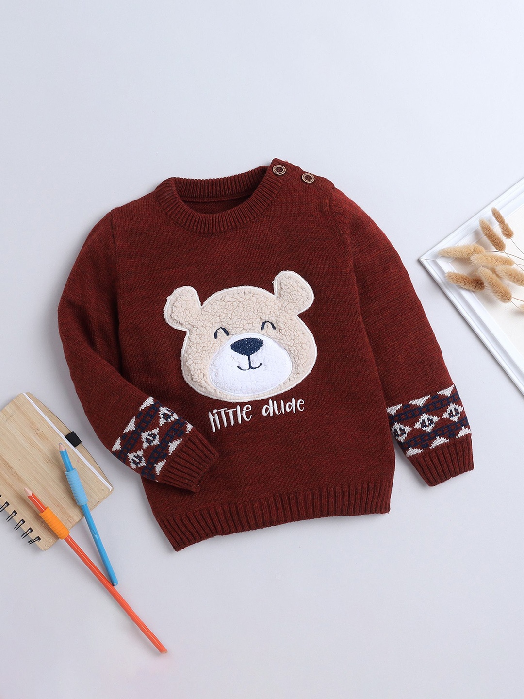

Yellow Apple Boys Self Design Cable Knit Pullover Sweater, Rust