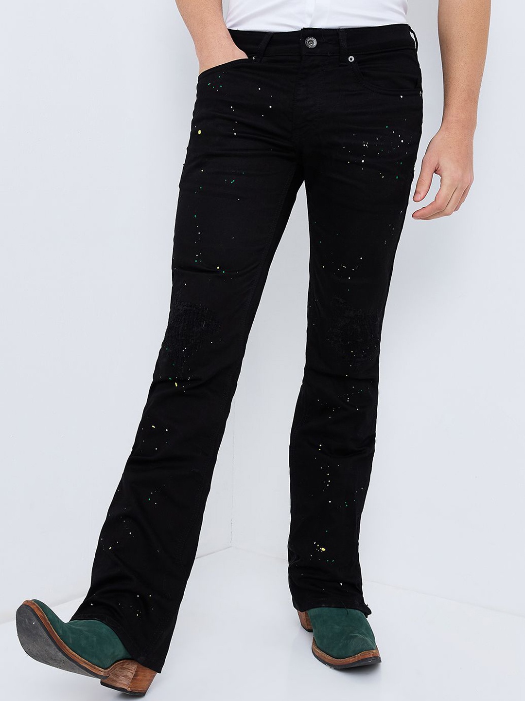 

mode de base Men Cotton Bootcut Low-Rise Stretchable Jeans, Black