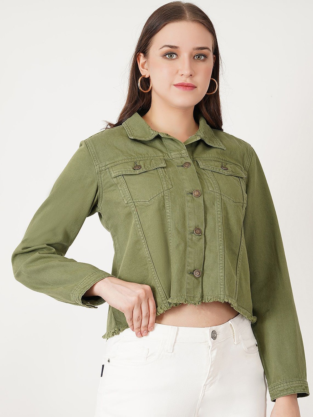 

Mast & Harbour Women Crop Denim Jacket, Green