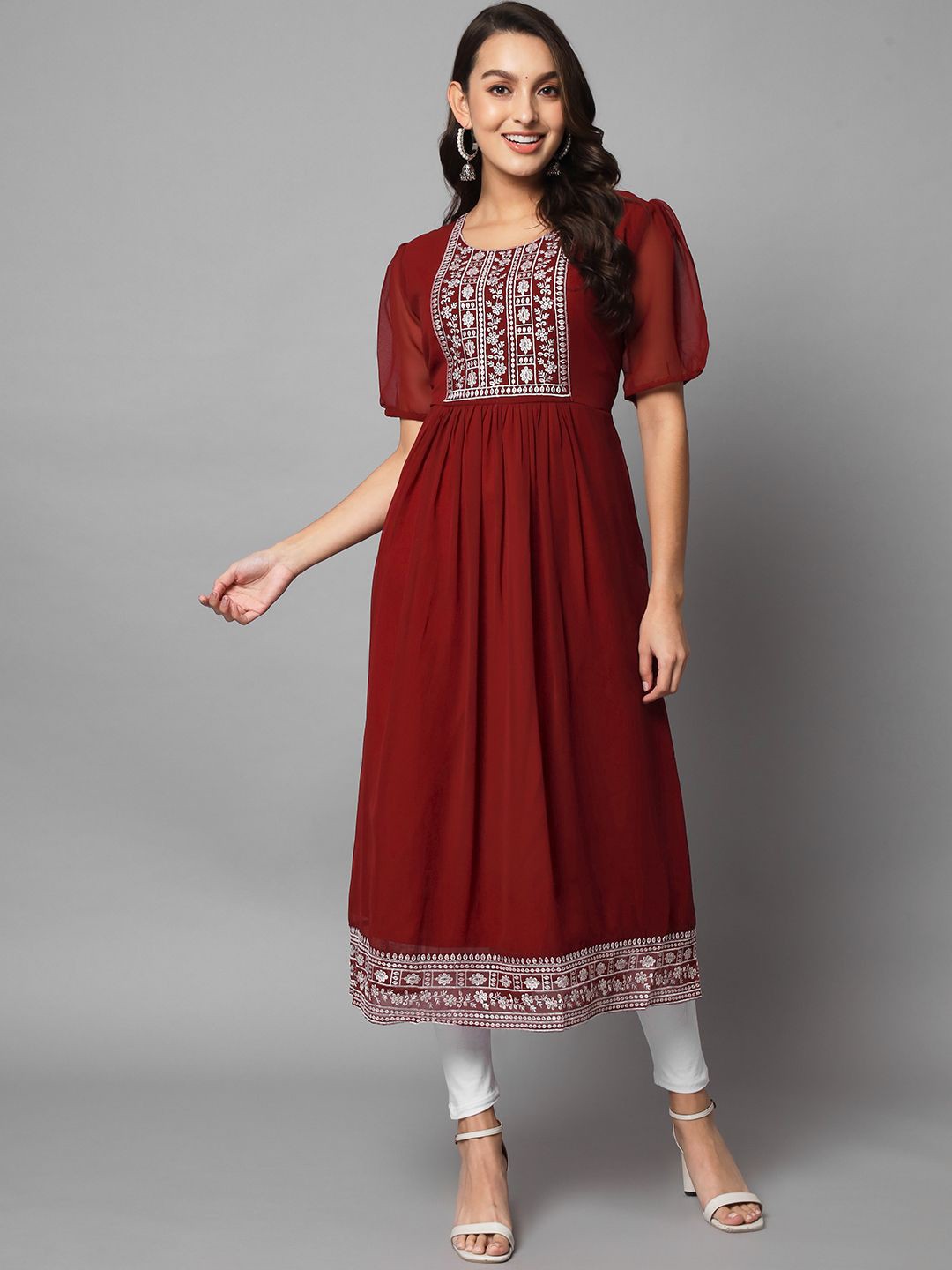 

HERE&NOW Women Embroidered Thread Work Georgette Kurta, Maroon
