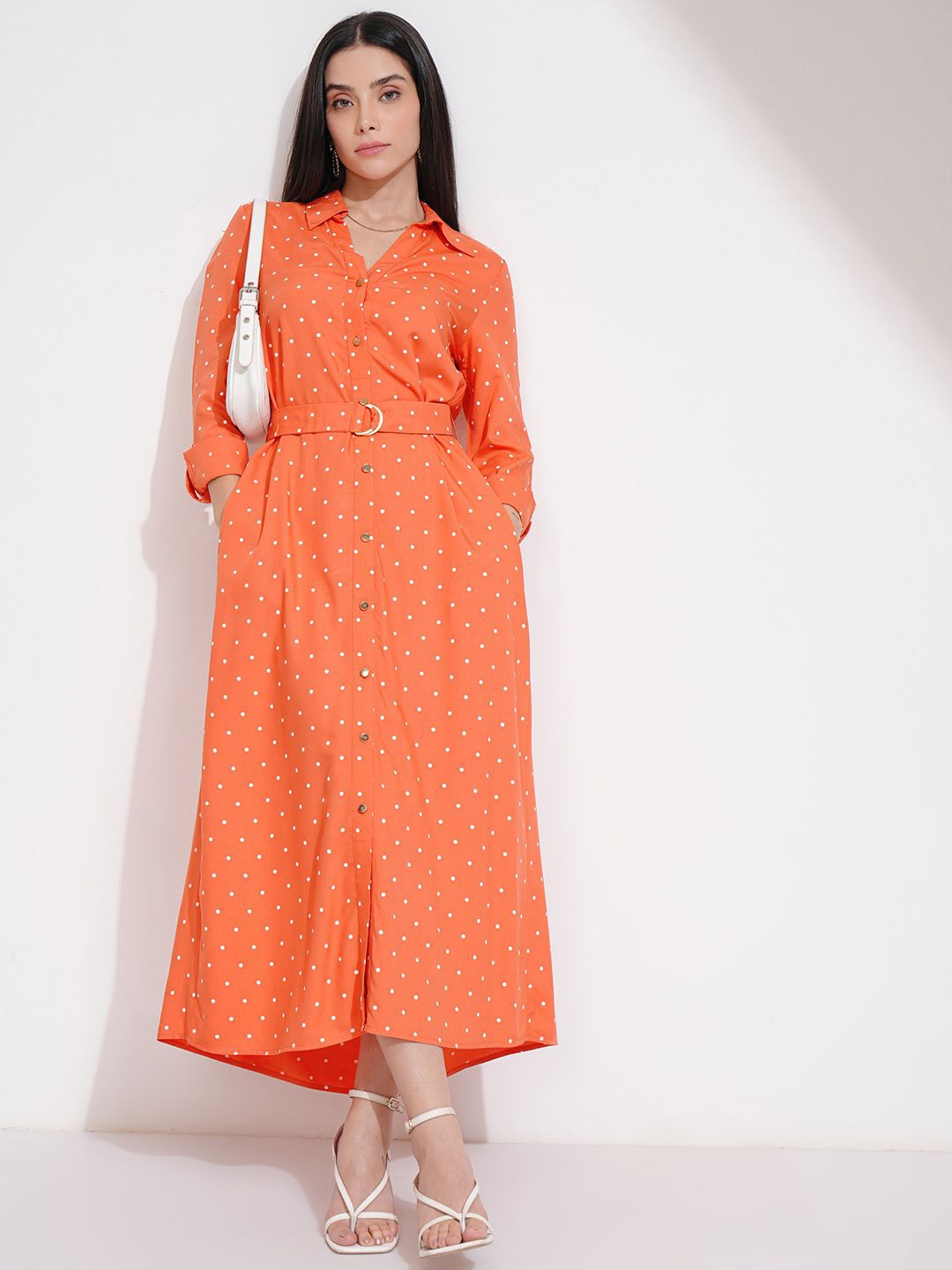 

ESPYR By Tokyo Talkies Women Polka Dot Printed Shirt Midi Dress With Belt Detailed, Orange