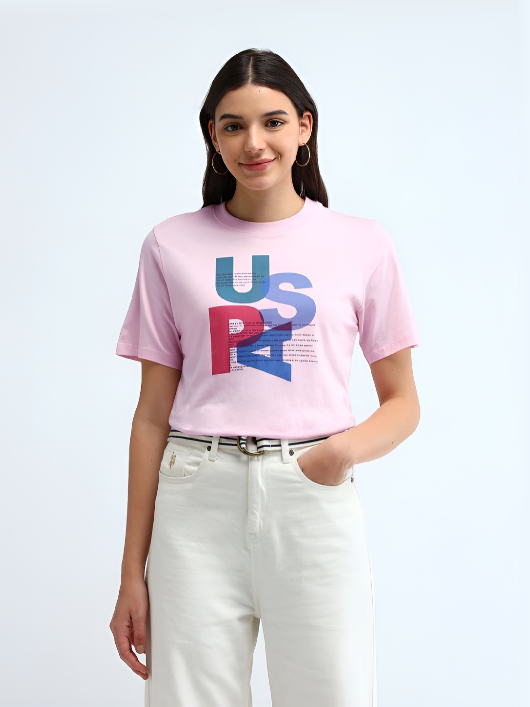 

U.S. Polo Assn. Women Women Printed Pure Cotton Pockets Boxy T-shirt, Pink