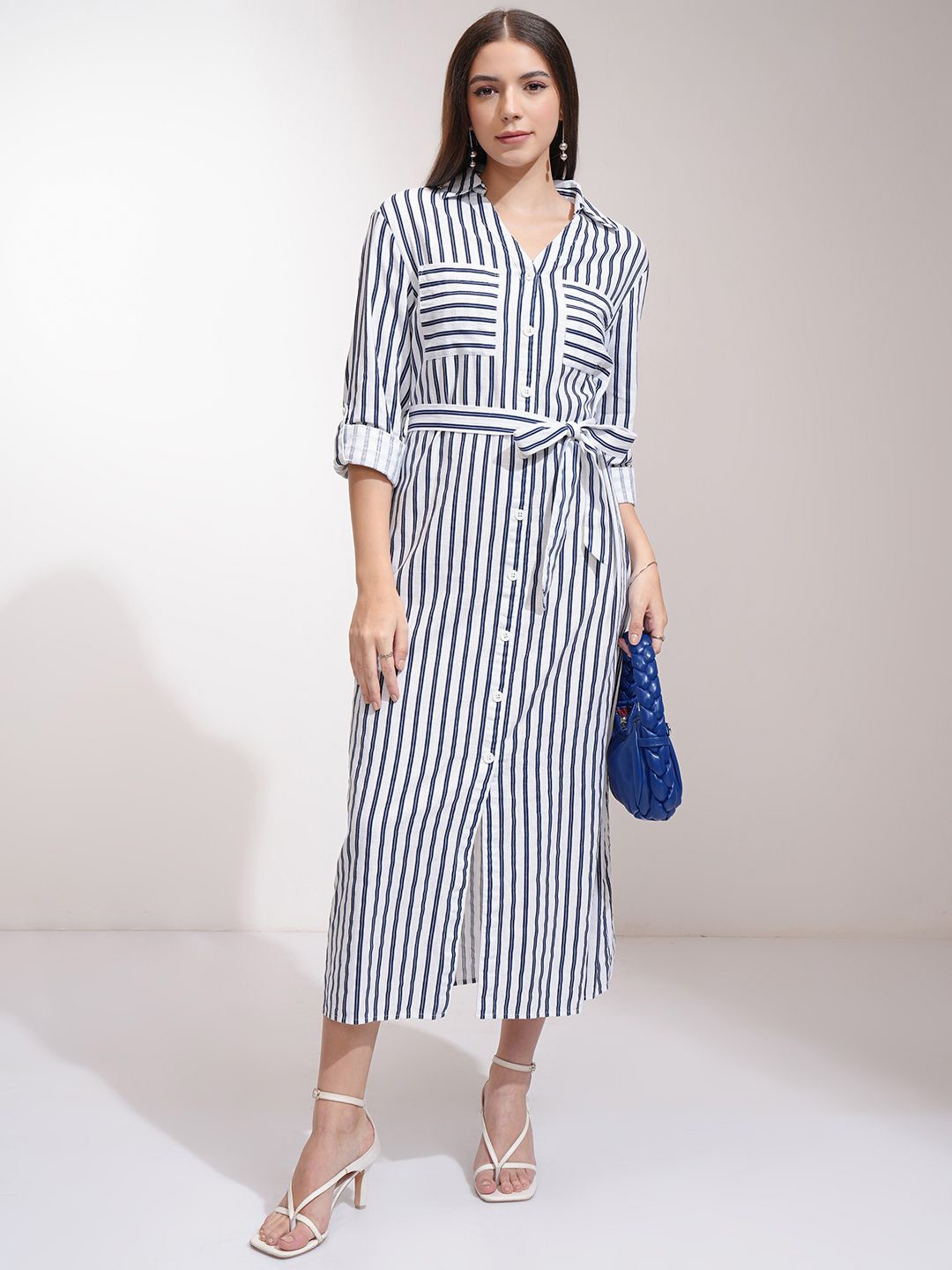 

ESPYR By Tokyo Talkies Women Striped Shirt Maxi Dress, White