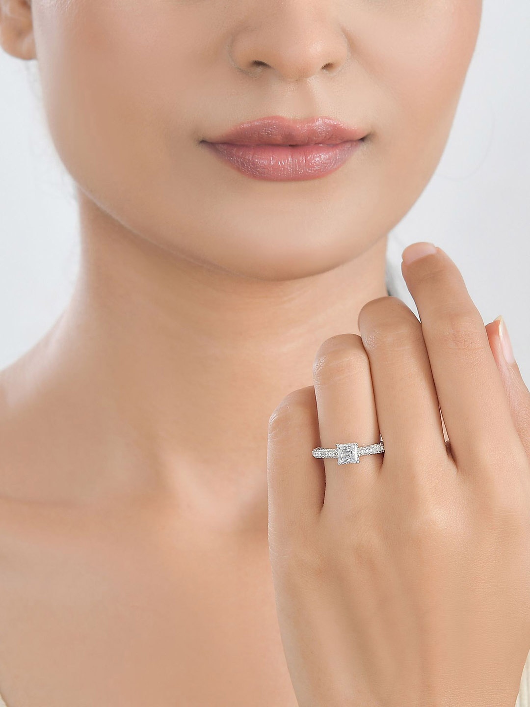 

Ornate Jewels 925 Sterling Silver Rhodium-Plated AD-Studded Adjustable Finger Ring