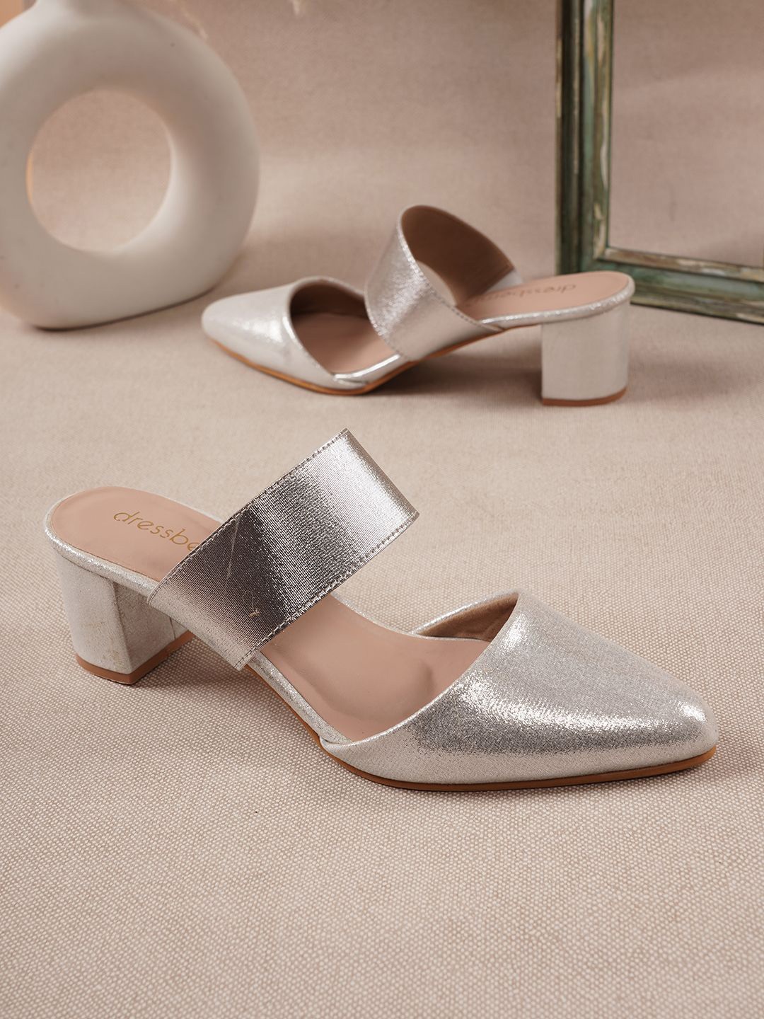 

DressBerry Women Embellished Open Back Block Sandal, Silver