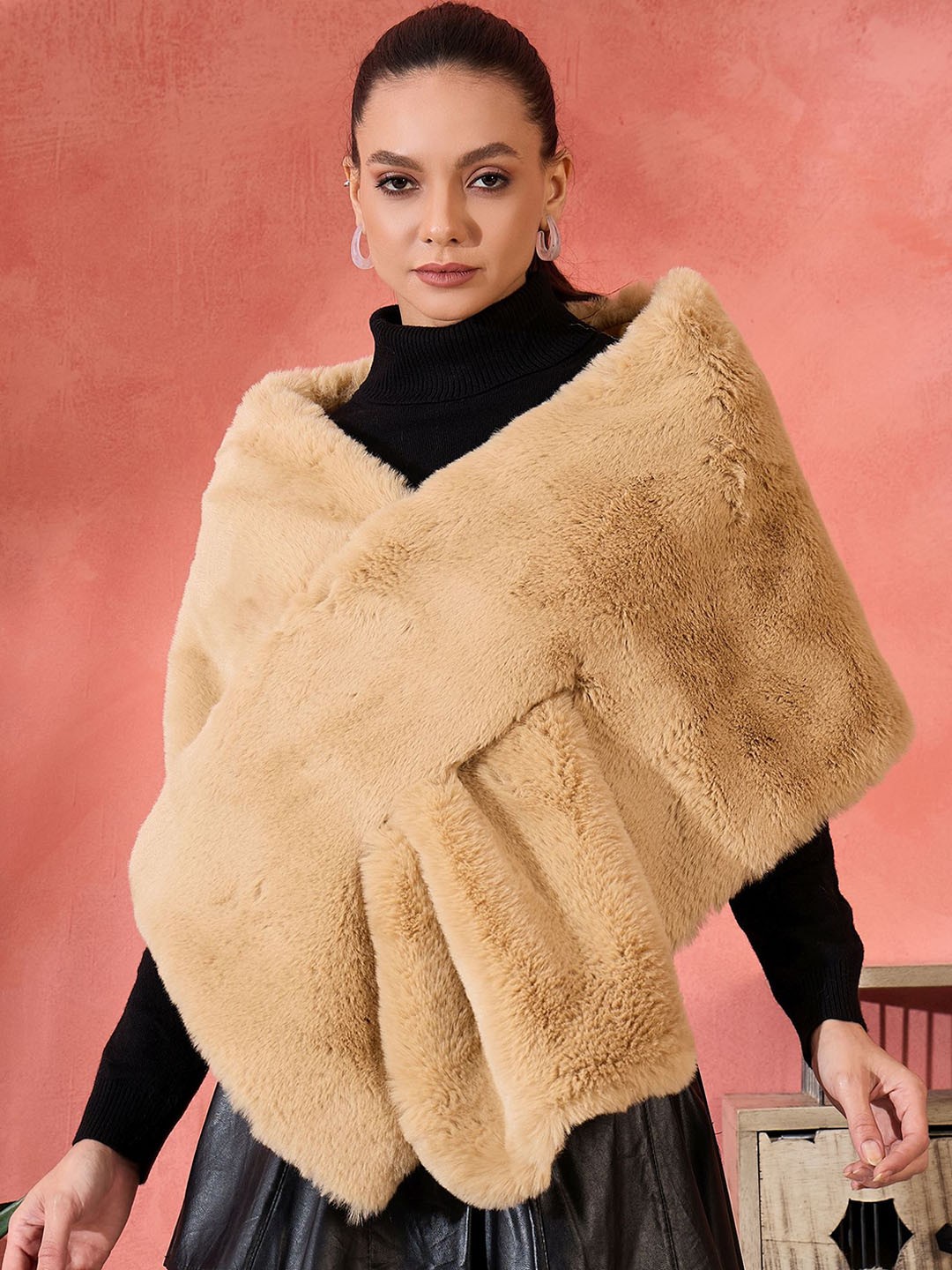 

InWeave Self Design Acrylic Winter Fur Shawl, Beige