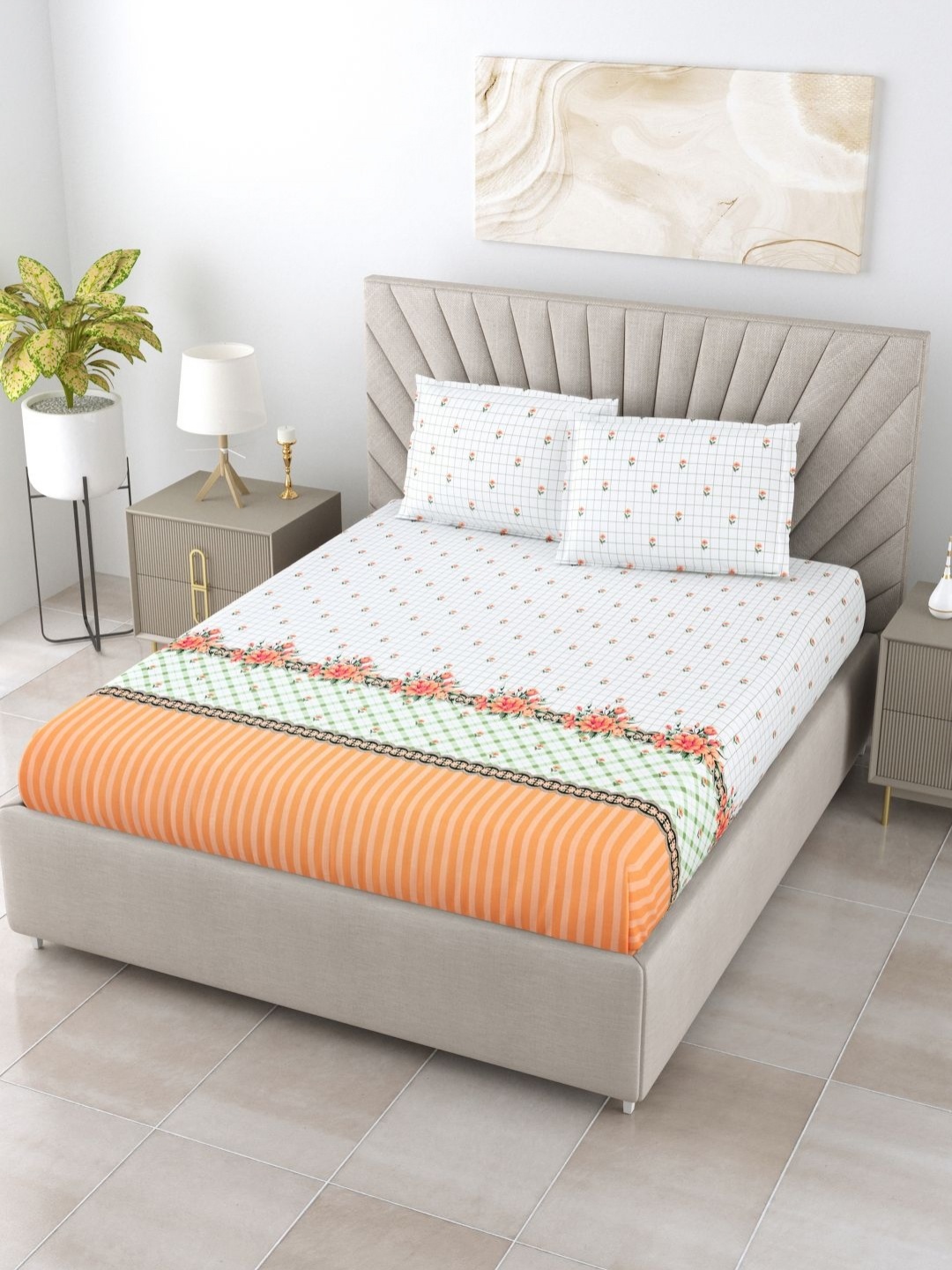 

BOMBAY DYEING THYME Green Printed Pure Cotton 200 TC King Bedsheet Set 2.74 m x 2.74 m