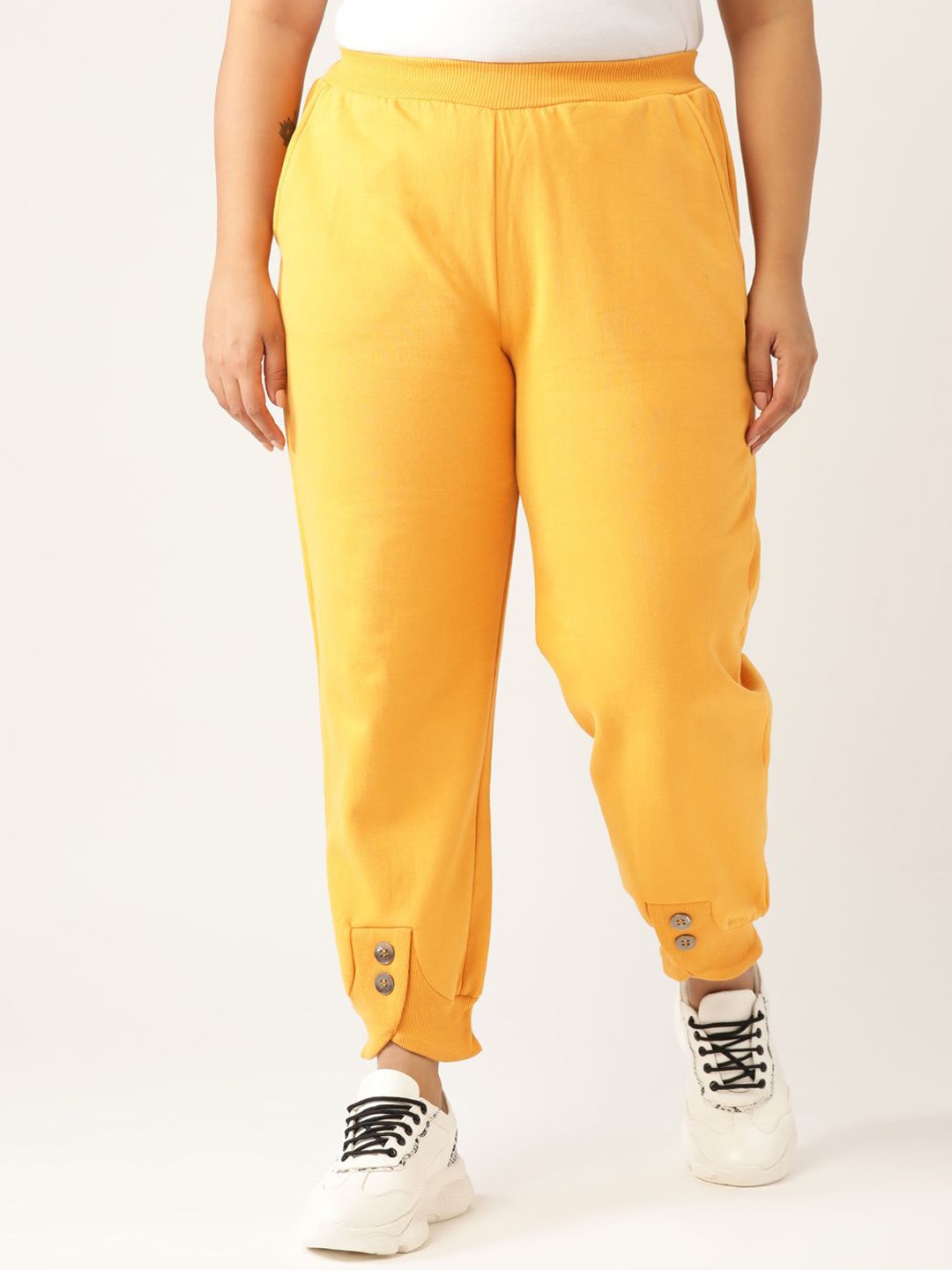 

theRebelinme Women Plus Size High-Rise Cotton Jogger Trousers, Yellow