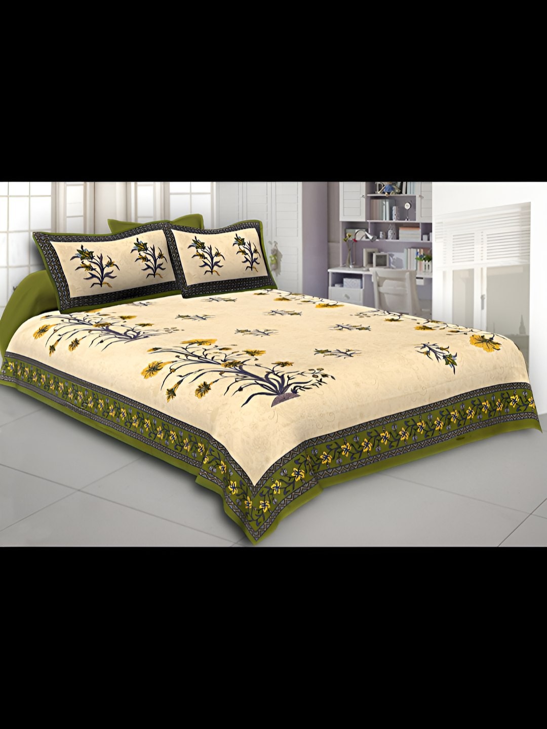 

BED-SHEET.COM Green & Cream-Coloured Floral 180 TC King Bedsheet with 2 Pillow Covers