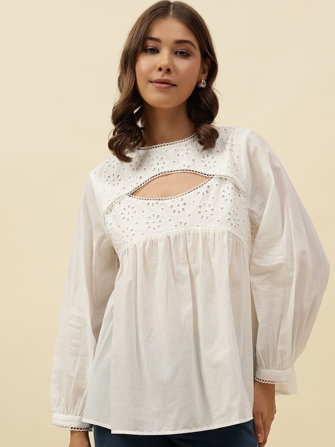 

Beatnik Women Round Neck Cotton Schiffli Top, White