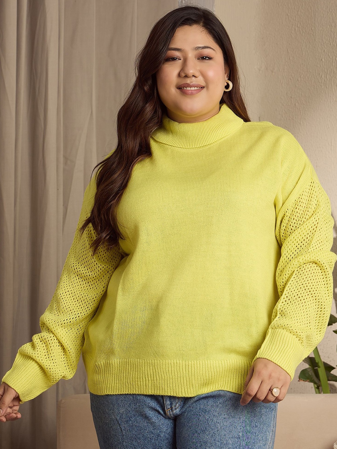 

Berrylush Curve Women Plus Size Turtle Neck Pullover Sweater, Yellow