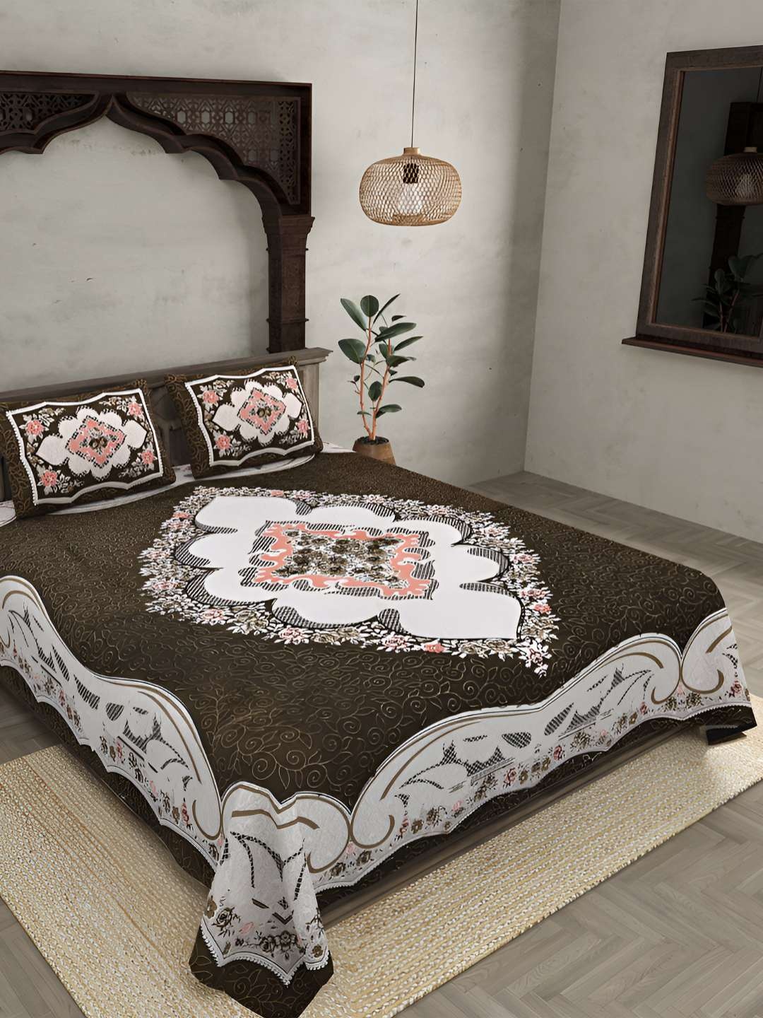 

BED-SHEET.COM Grey & Coffee Brown Floral Cotton King Bedsheet Set 2.54m x 2.74m