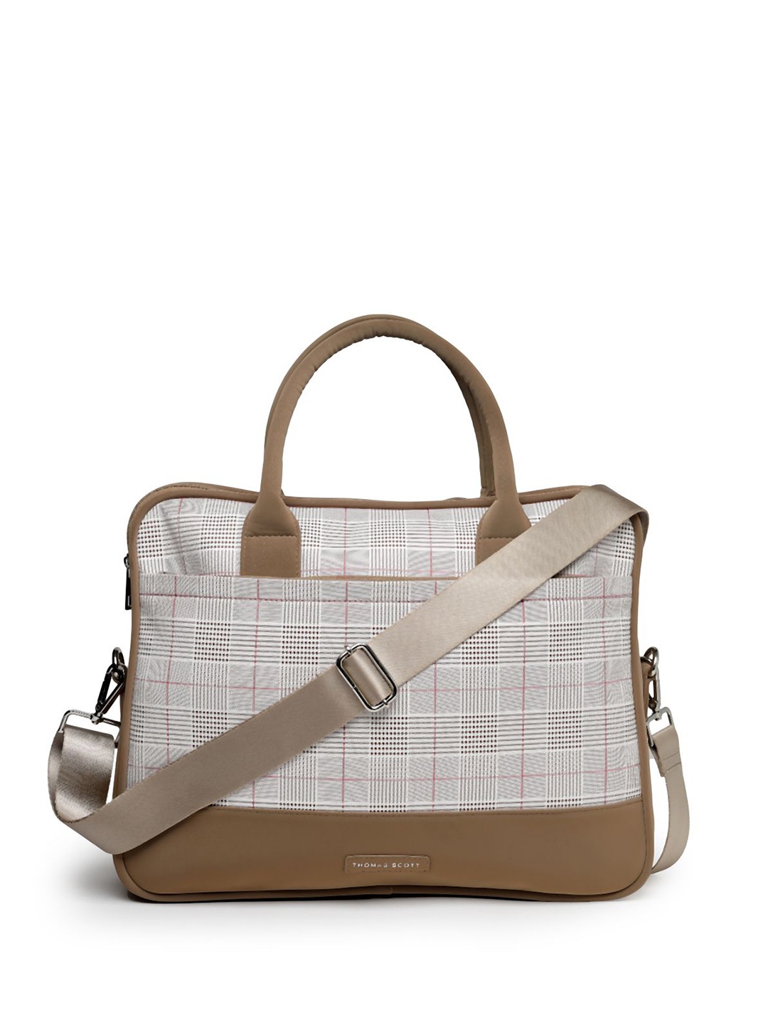 

Thomas Scott Men Checked PU Laptop Bag, Beige
