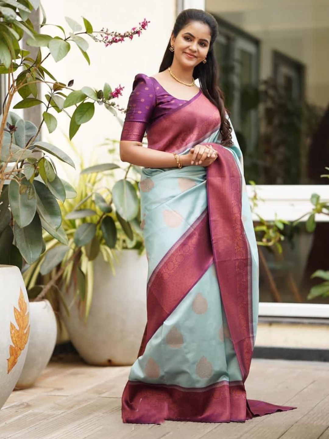 

Areca Designer Woven Design Pure Silk Banarasi Saree, Sea green