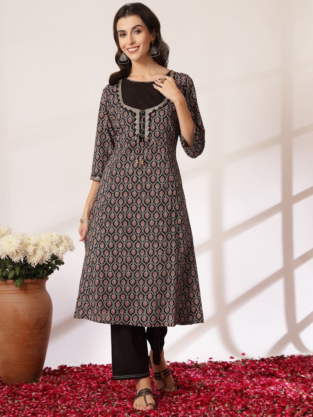 

Nayam By Lakshita Ethnic Motifs Printed Round Neck Pure Cotton A-line Kurta With Palazzos, Black