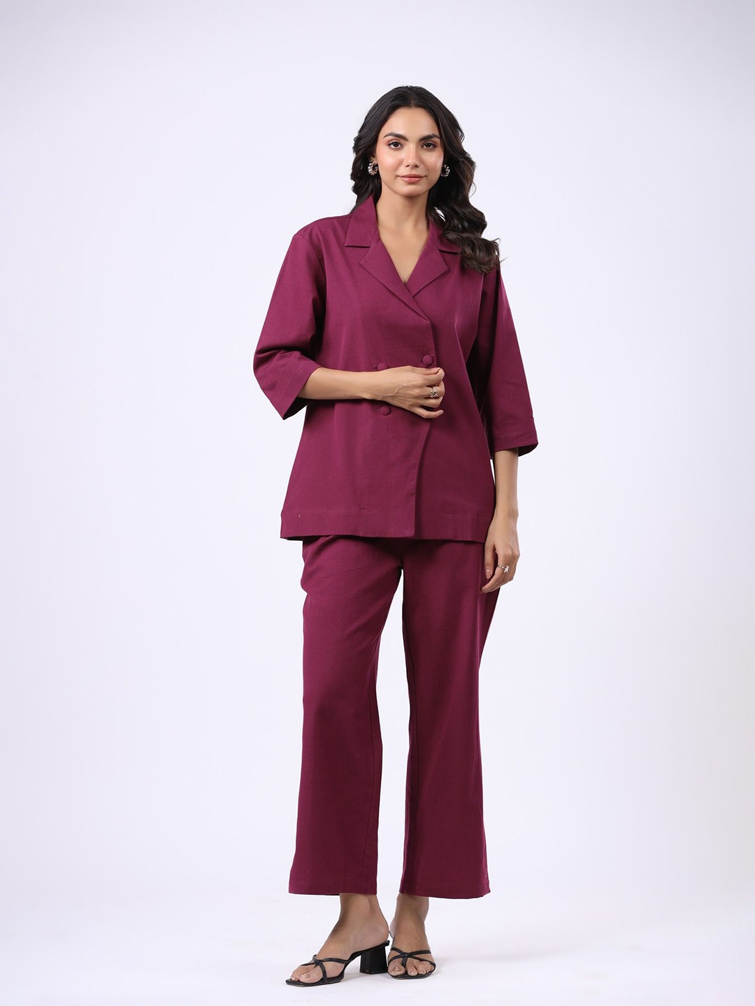 

JISORA Notched Lapel Collar Pure Cotton Coat With Trouser, Purple