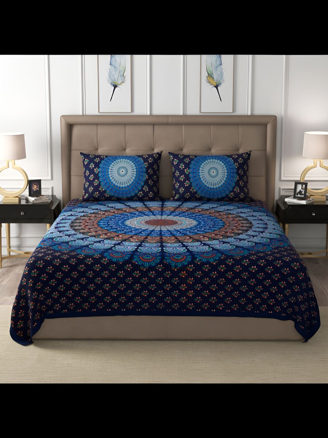 

BED-SHEET.COM Blue Ethnic Motifs Printed Cotton 240 TC King Bedsheet Set 2.74 m x 2.24 m