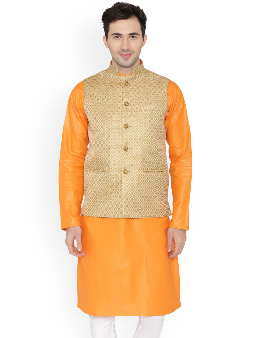 

Wintage Mandarin Collar Straight Kurta with Pyjamas & Nehru Jacket, Orange