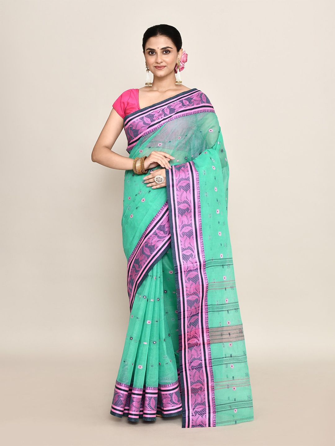 

PUKU Women Woven Design Pure Cotton Taant Saree, Sea green