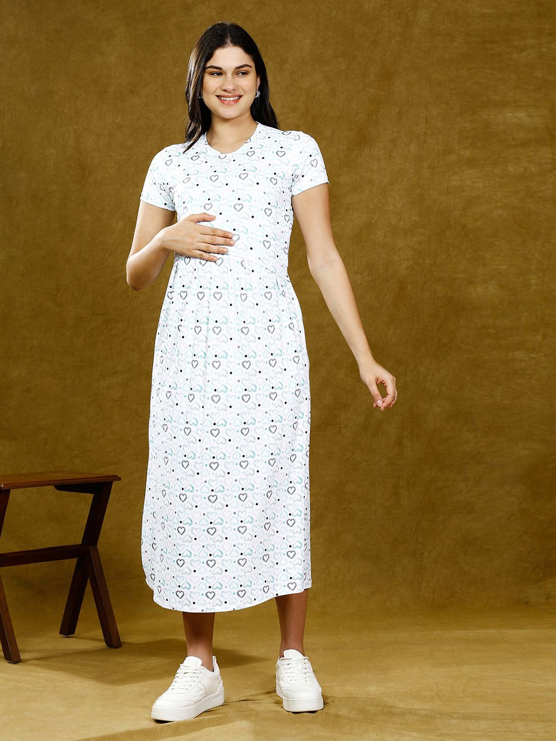

True Shape Women Printed Midi Maternity Dress, White