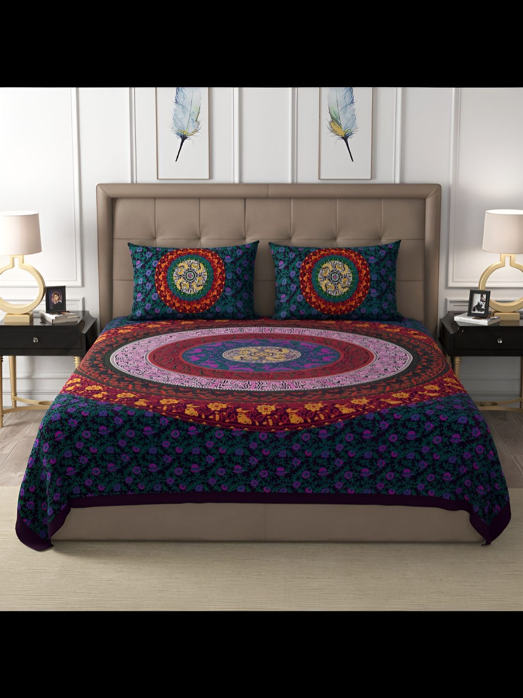 

BED-SHEET.COM Violet & Green Ethnic Motifs 180 TC King Bedsheet with 2 Pillow Covers