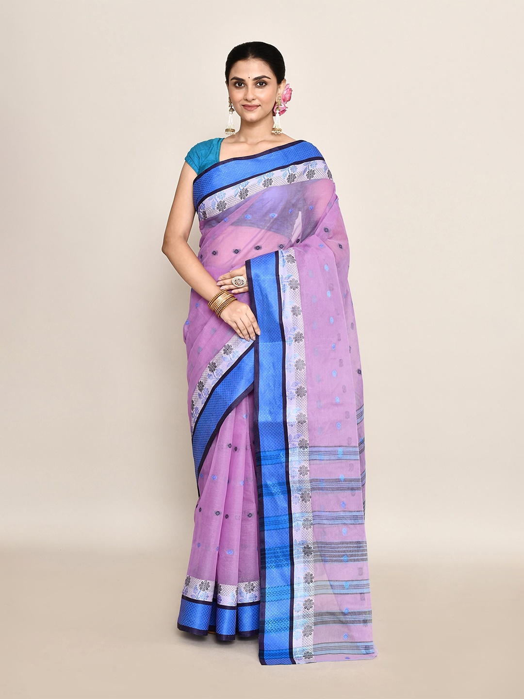 

PUKU Ethnic Motifs Pure Cotton Taant Saree, Lavender
