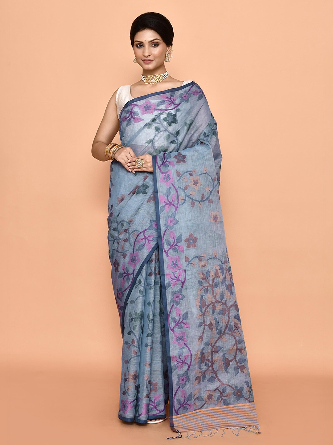 

PUKU Women Ethnic Motifs Pure Cotton Handloom Taant Saree, Blue