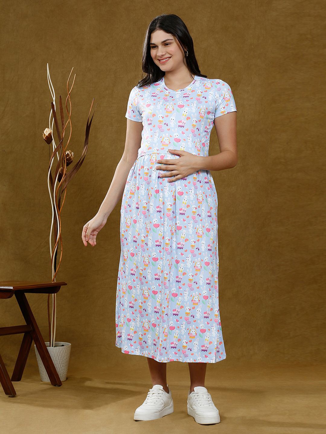 

True Shape Printed Maternity Fit and Flare Midi Dress, Blue