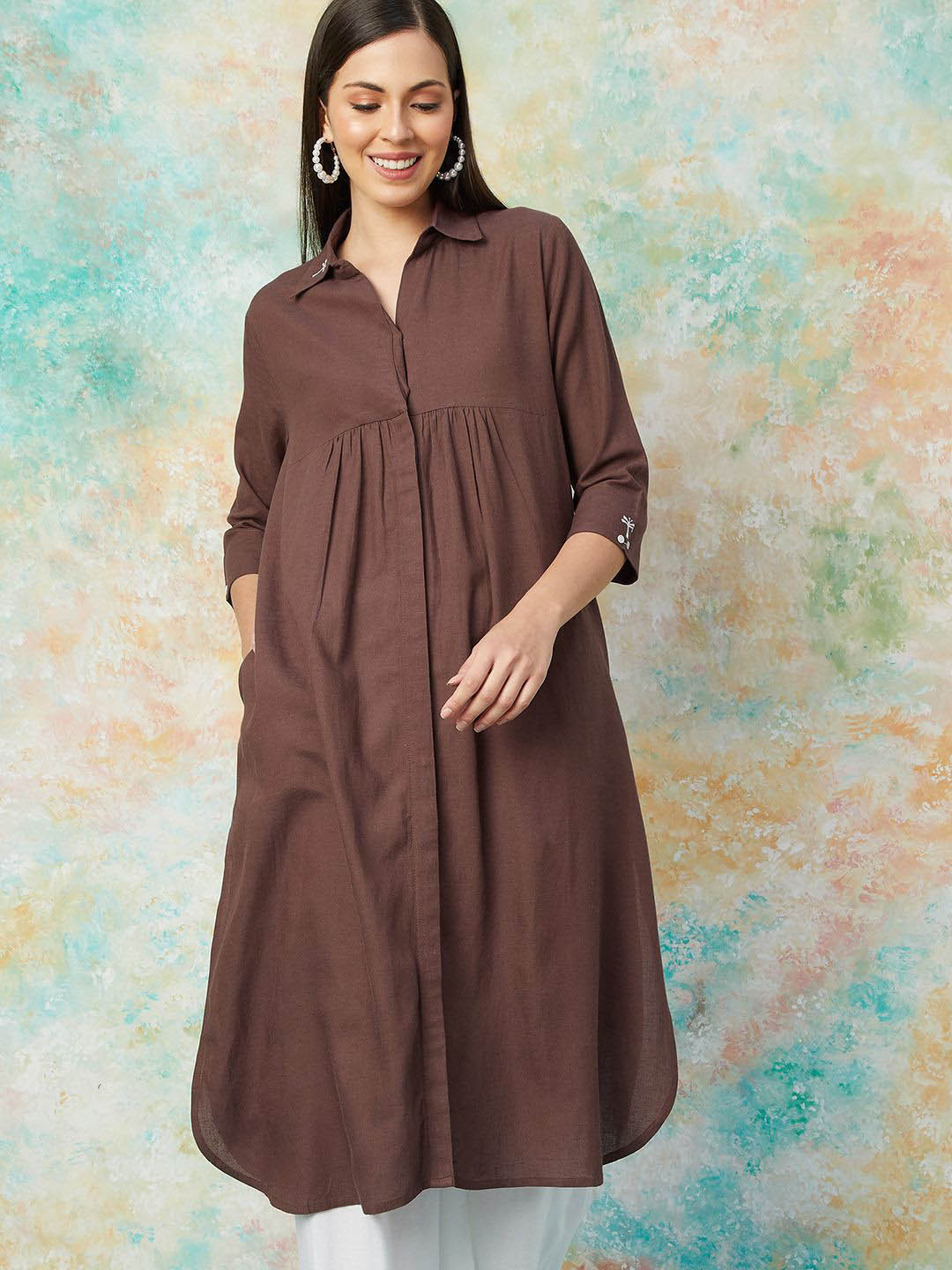 

Melange by Lifestyle Shirt Collar Three-Quarter Sleeves Thread Work A-Line Kurta, Brown